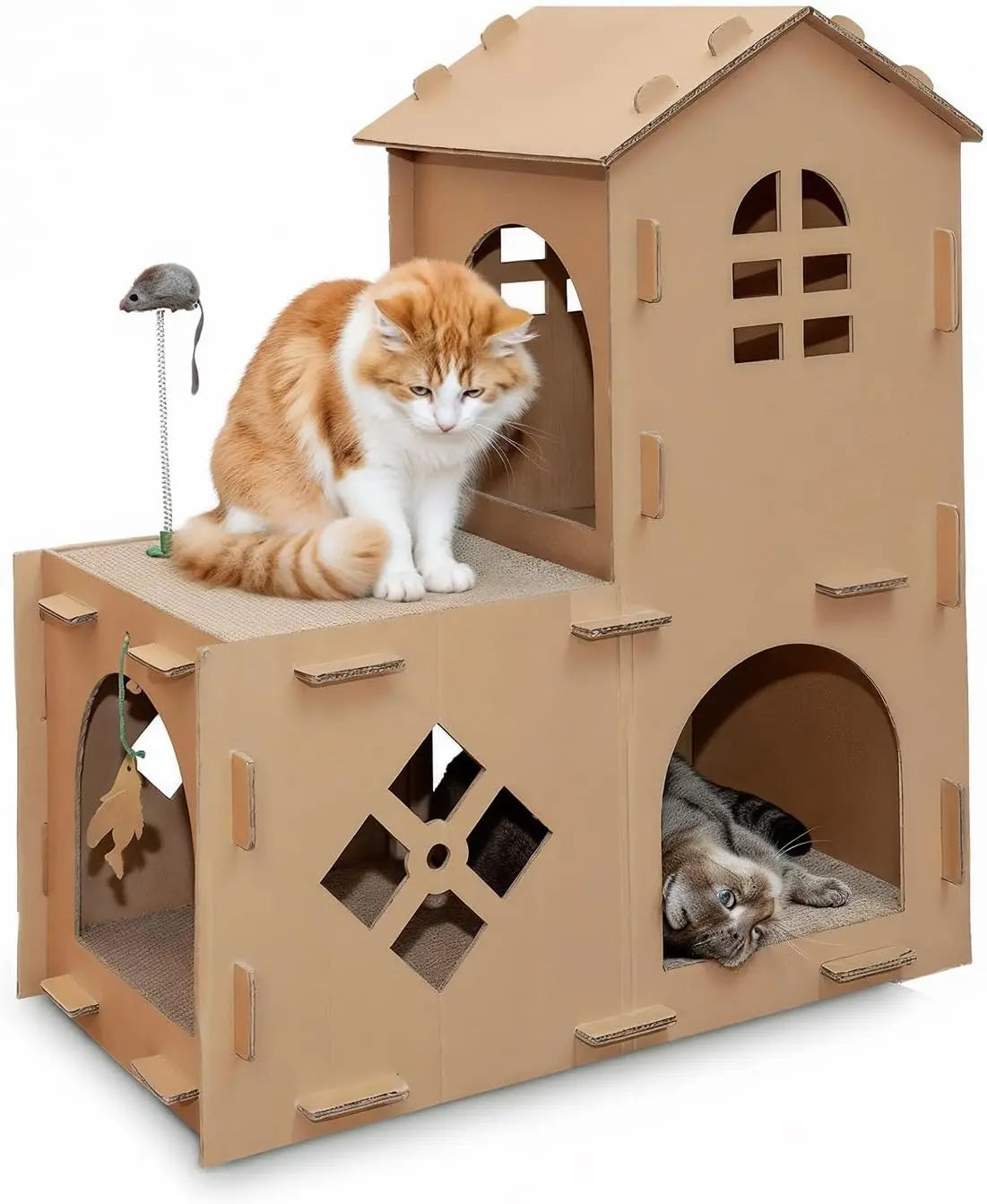 Multi-Level Cardboard Cat House & Scratcher Tower with Catnip & Toys
