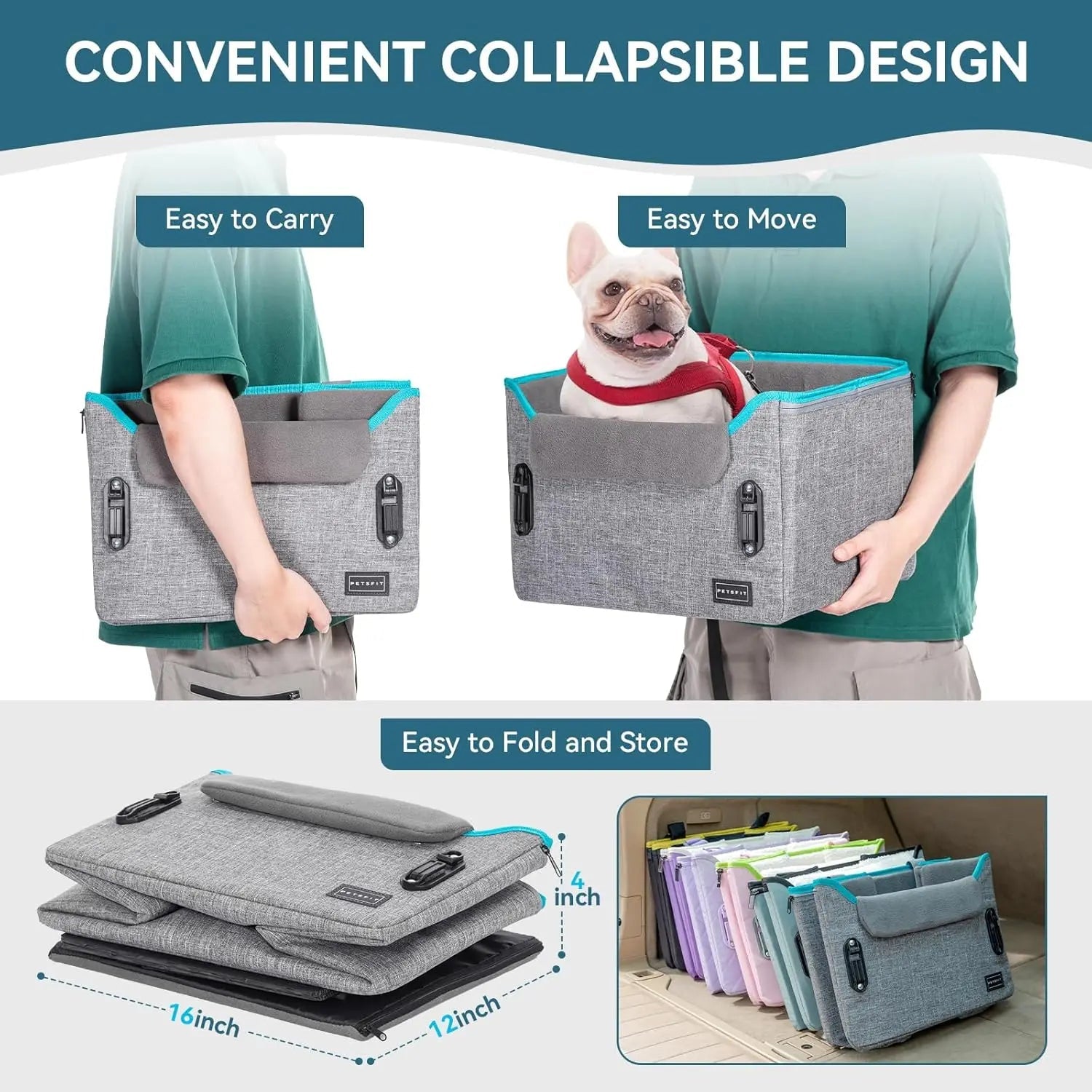 PETSFIT Small Dog Booster Car Seat — Foldable, Safety Tether